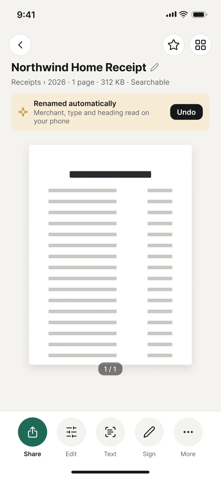 A scan renamed automatically to Northwind Home Receipt, with an Undo button.