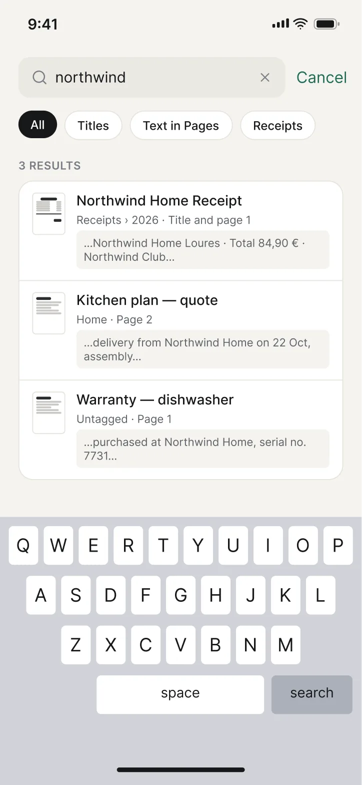 PlainCopy search for “northwind”: three results with the matching text from inside each page.
