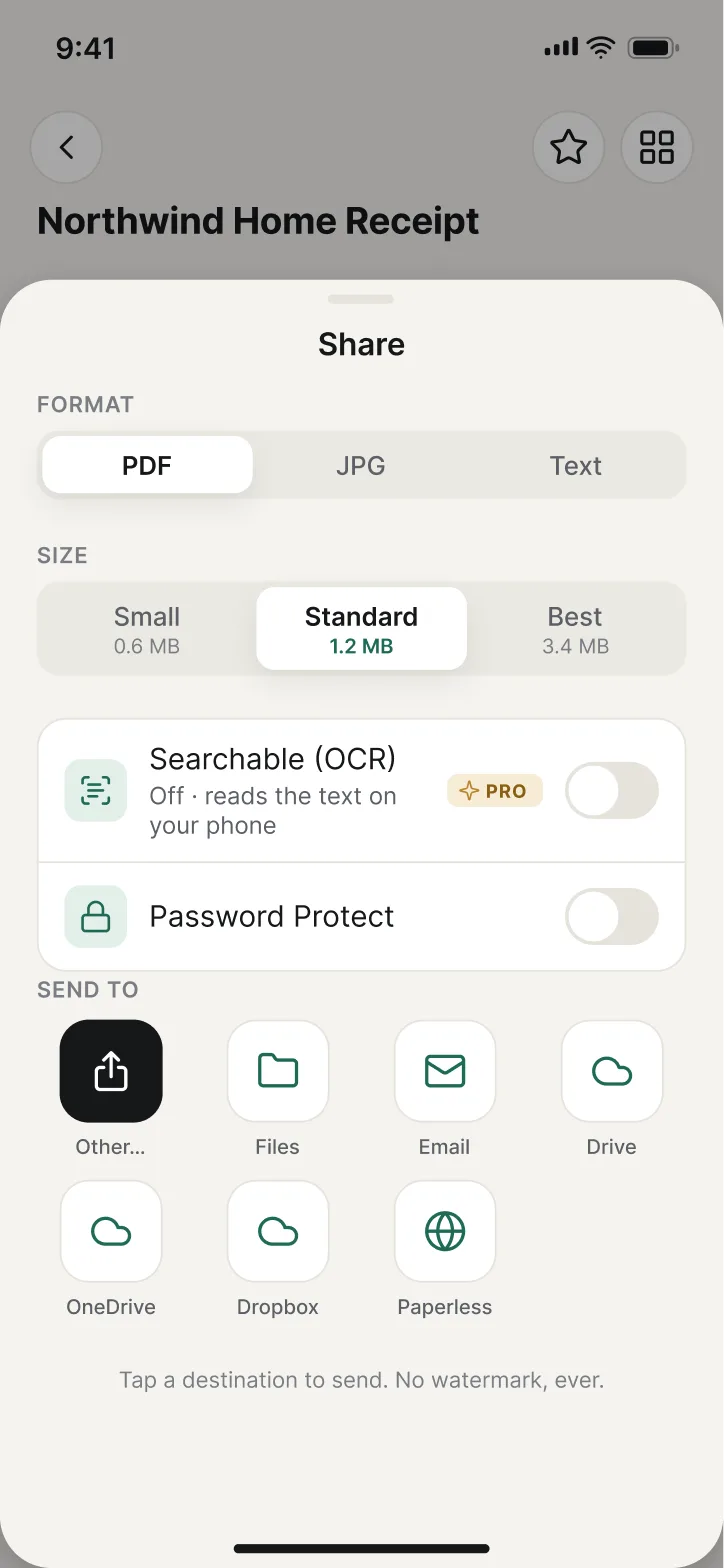 The Share sheet: PDF, JPG or Text, the file size, and the places to send it.
